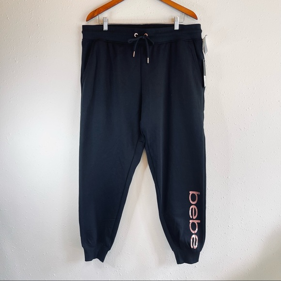 BEBE Sport Fleece Rose Gold Logo Black Jogger Pants/Sz:2X/NWT - Picture 3 of 12